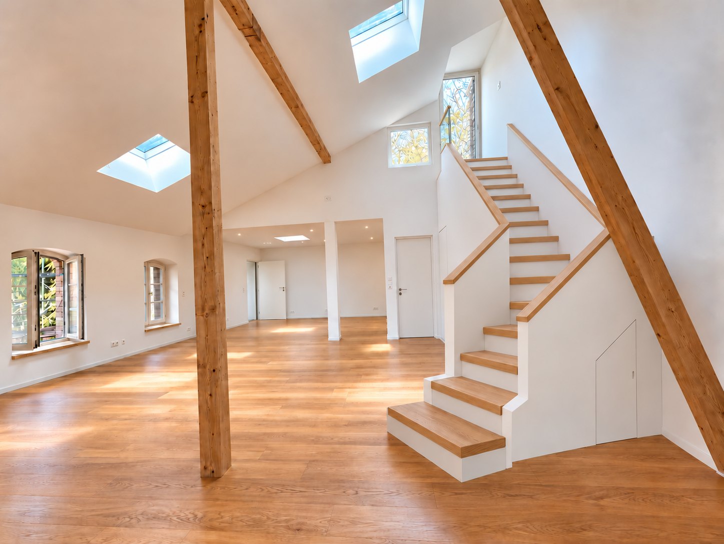 Wohnbereich unter dem offenen Dachstuhl mit der Treppe zur Dachterrasse — Treppe visualisiert